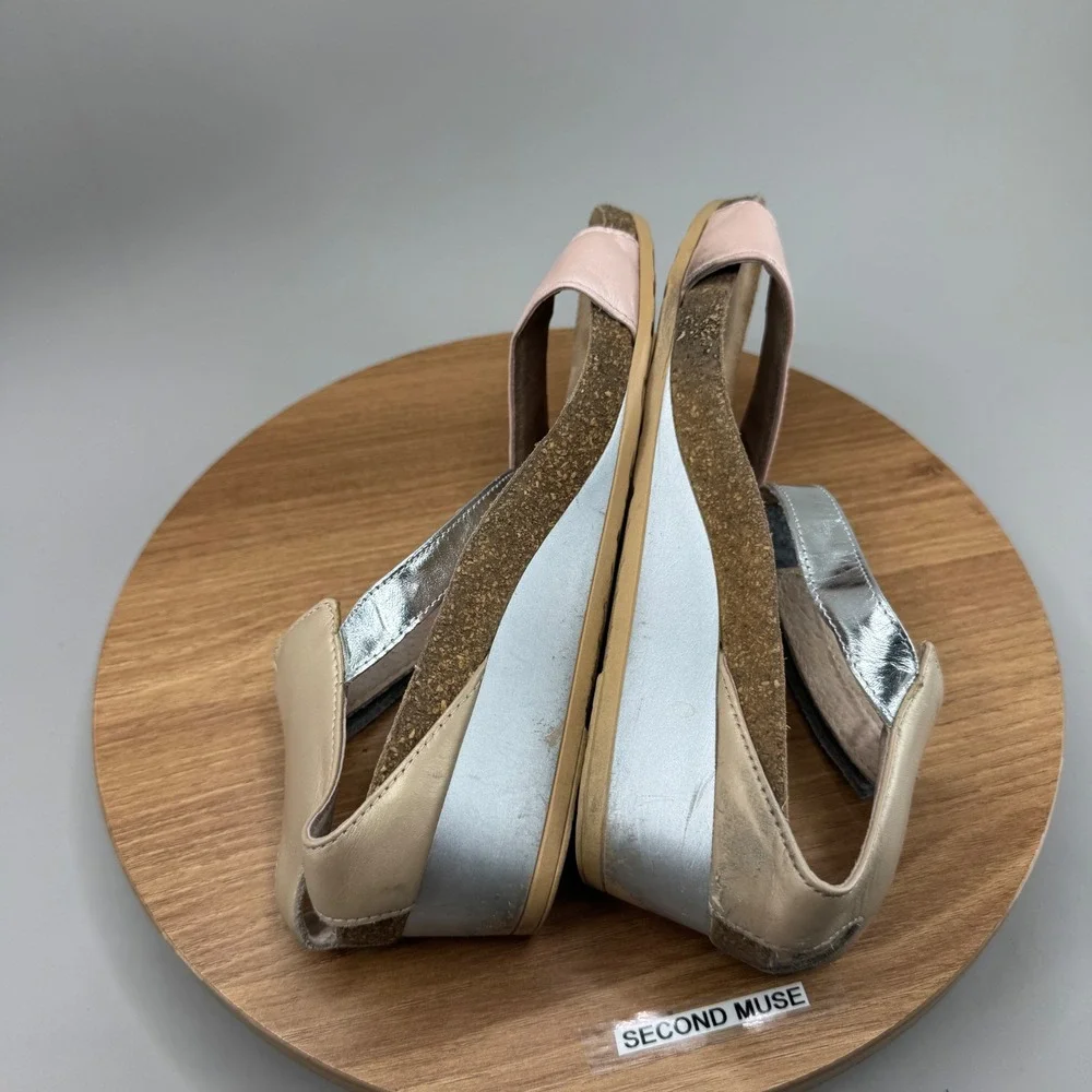 Naot Wedge Sandals 39 8 8.5 Pink Silver Leather Metallic Comfort Boho Chic Cork